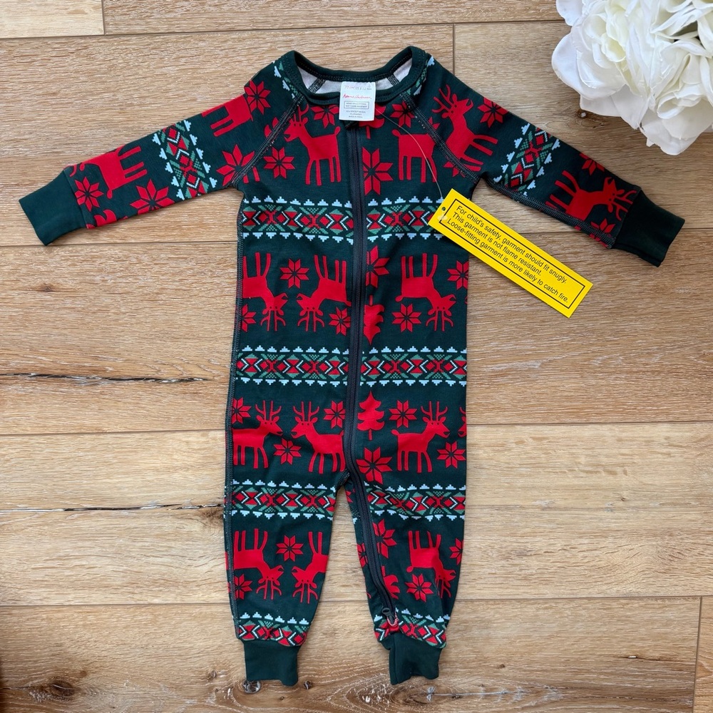 Hanna Andersson Red & Dark Green Reindeer One-Piece Pajamas